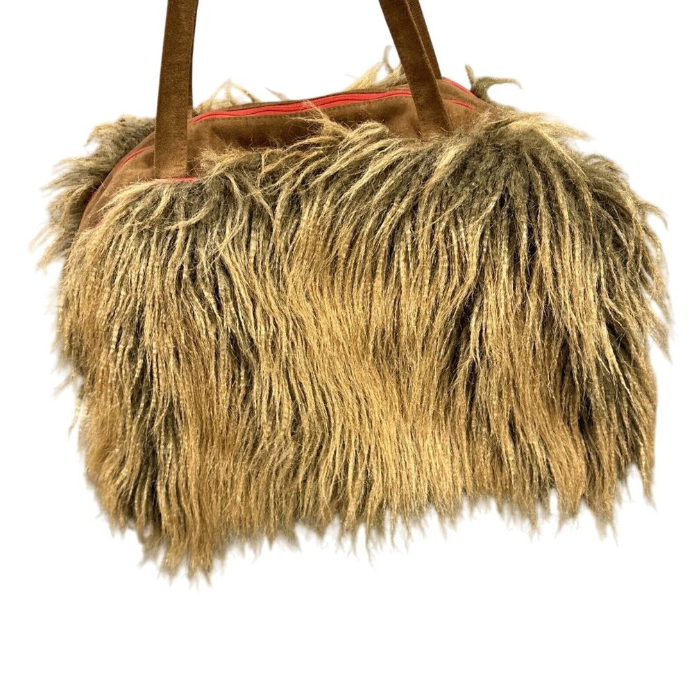 Atenti Brown Faux Fur Shag Weekender Overnight Travel Bag Red Trim Vintage - Picture 5 of 13